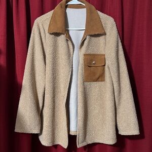 Tan Sherpa Jacket with Suede Accents Womens M or Oversized S